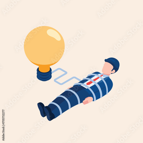Bound businessman, trapped by a giant lightbulb, symbolizing stifled creativity and innovation.