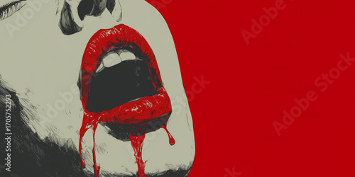 Mysterious Red Lips with Blood Drips on Black and Red Background – Noir Vampire Seduction Concept
