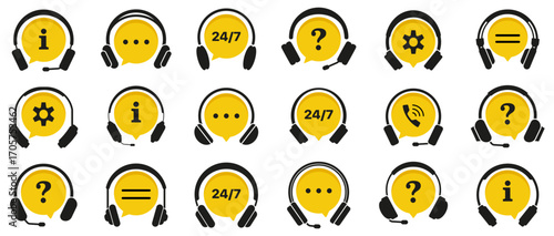 Support service icon collection. Customer service, help chat, assistance, call center icons. Set of yellow support service with headphones icons