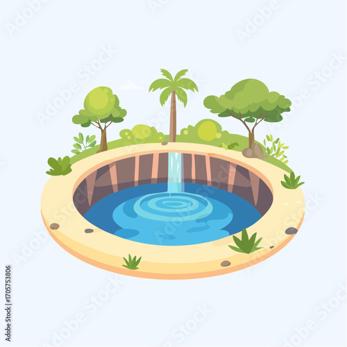 Circular Oasis Waterfall Palm Trees and Lush Greenery on Sandy Island