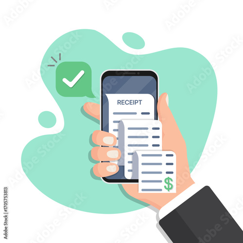Mobile receipt in a flat design. Smartphone showing digital bill check and approved payment confirmation