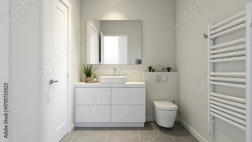 Wallpaper Mural Modern white bathroom with sink, toilet, and towel warmer Torontodigital.ca