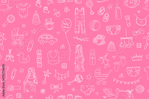 Seamless pattern of pink baby shower elements. Baby shower girl, happy mother, pregnant. Hand drawn. Great for card, invitation card, decoration party, design, print or advertising.