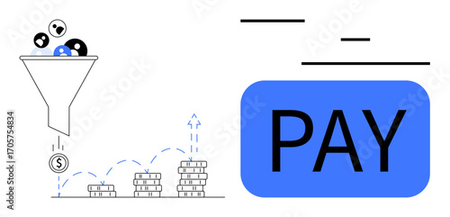Funnel filtering user icons to currency, coins collected in pillars showing revenue growth, arrow suggesting increasing profits, and blue pay button. Ideal for marketing, conversion, revenue