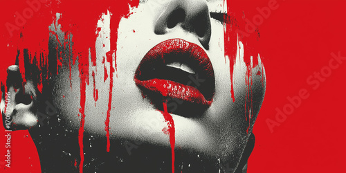 Red Lips with Bloodlike Drip on Red Background – Fashion Portrait with Gothic Sensual Vibe