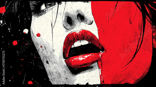 Dramatic Woman’s Face with Red Lips and Blood Splatters in Horror Comic Style