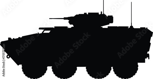 Military Armored Vehicle Silhouette with Gun Turret and Eight Wheels – Combat War Tank Vector Illustration for Defense and Security Concepts