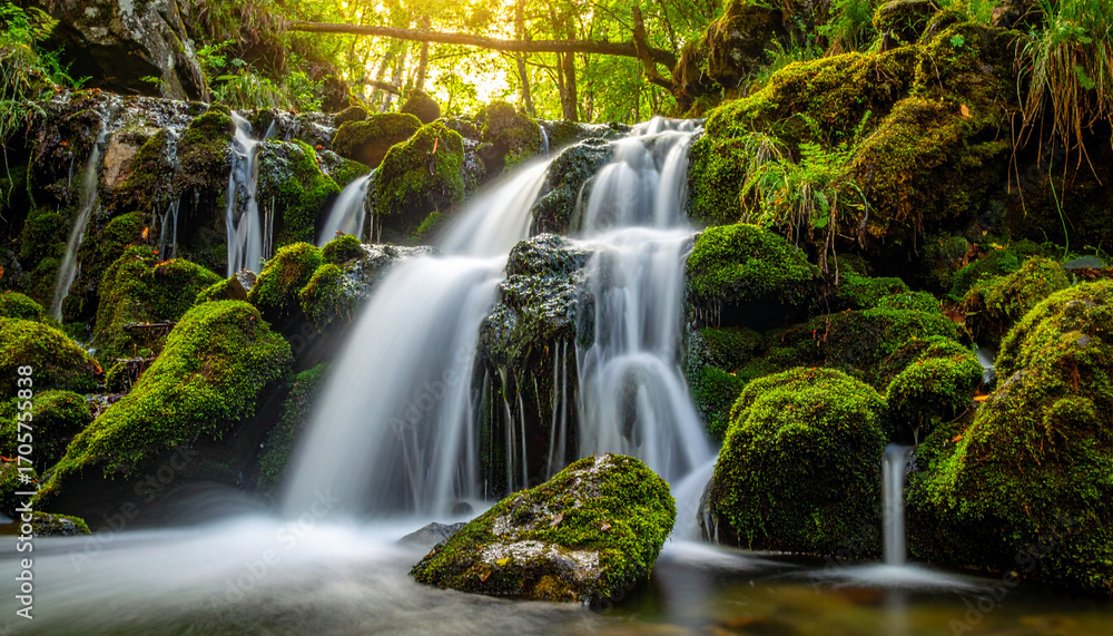 Naklejka premium Serene forest waterfall over mossy rocks at sunrise