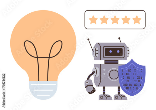 Robot holding a shield featuring binary code, lightbulb symbolizing creativity, and a five-star rating panel. Ideal for technology, innovation, AI security, rating systems, creativity, digital
