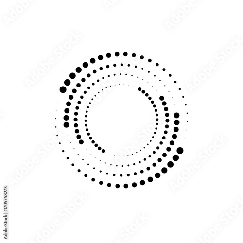 Round halftone frame. Dotted circle, vintage abstract dot halftones frames and random dots circles. Spiral Vector Illustration.