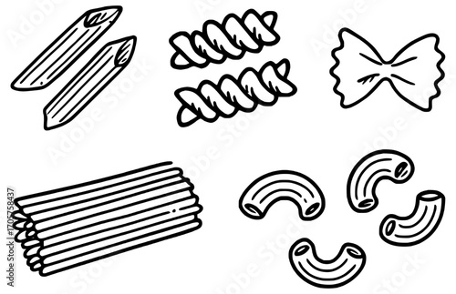 Vector pasta illustrations (penne, spirals, bow, spaghetti, horns)