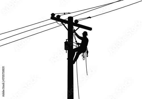 Silhouette of Lineman Working on Utility Power Pole with Safety Harness – Electrical Maintenance Vector Illustration for Energy and Infrastructure Concepts