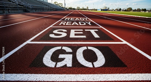 Running track with READY SET GO painted on the lanes, symbolizing the start of a race or new beginning.