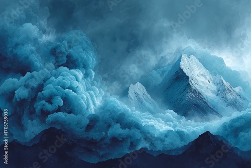 Abstract watercolor illustration of a mountain storm with peaks dissolving into swirling clouds, vintage style artwork suitable for prints, posters, or creative projects
