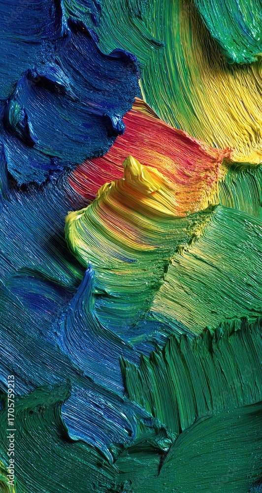 Obraz premium Impasto painting with vibrant blues, greens, yellows, and reds swirling together in thick, textured brushstrokes