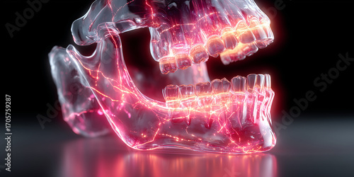 Transparent Anatomical Jaw with Glowing Red Nerve Network – Futuristic Digital Concept on Black Background