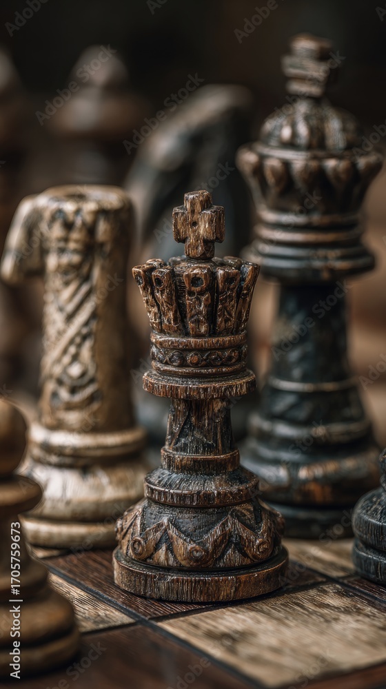 Fototapeta premium Close-up of an intricately carved, aged chess queen piece, positioned centrally on a dark wooden chessboard, surrounded by other weathered chess pieces, suggesting a game in progress or a still life