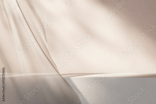 Empty interior room table for beauty and fashion brand display. Autumn background scene with curtains and shadow on the wall mockup. Home decor aesthetic.