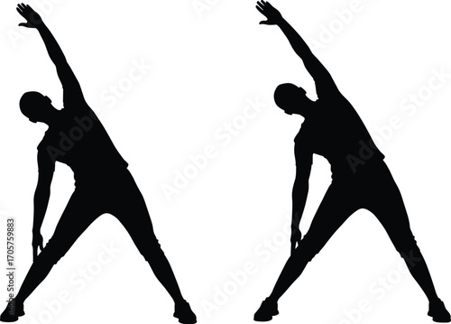 Silhouette Vector Illustration of Two People Performing Side Stretch Exercise for Fitness, Warm-Up, Flexibility, and Healthy Lifestyle Concept