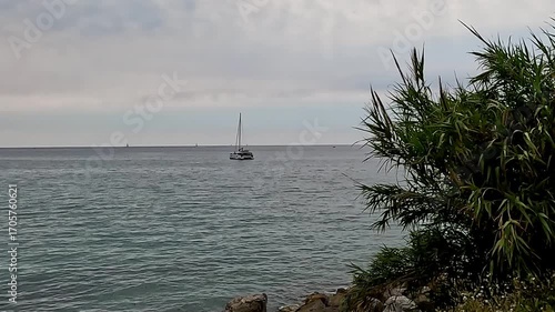 lonely boat moored in front of the beach
