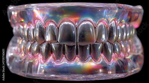 Transparent 3D Jaw with Silver Teeth – Holographic Glass Skull Anatomy Concept on black Background