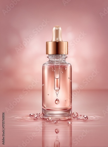 A clear glass bottle with a dropper, filled with pink liquid, sits on a pink watery surface surrounded by droplet accents against a blurred pink backdrop