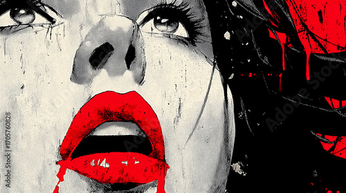 Dramatic Woman’s Face with Red Lips and Blood Splatters in Horror Comic Style
