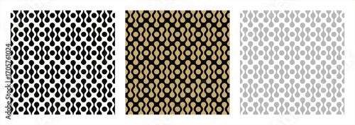 Seamless circular honeycomb style geometric pattern set, modern abstract round lattice background collection in black, gold and gray colors for wallpaper and textile design