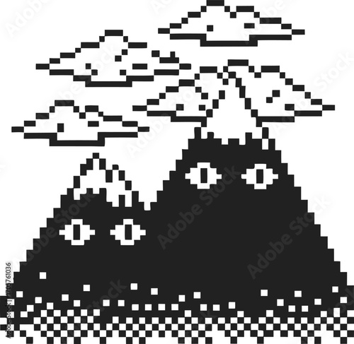 Pixel art mountains and clouds, retro landscape illustration monochrome digital environment, minimal scenery