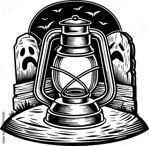 Vintage lantern glowing in eerie graveyard with full moon, bats, and haunted tombstones spooky halloween night scene