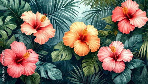 Wallpaper Mural Tropical floral wallpaper with hibiscus flowers. Jungle mural with palm and hibiscus leaves. Seamless botanical print with tropical plants. Torontodigital.ca