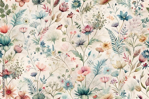 Colorful floral pattern with various flowers on textured background  