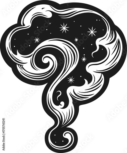Abstract cosmic question mark with swirling clouds and stars mystical celestial symbol representing curiosity and wonder