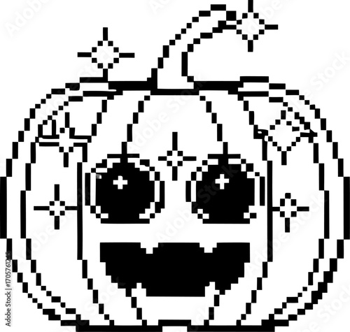Pixel art smiling pumpkin face with sparkling eyes retro halloween jack o' lantern black and white digital illustration