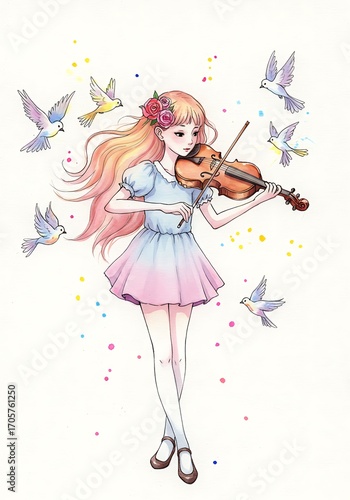 Young girl playing violin surrounded by birds in colorful scene  