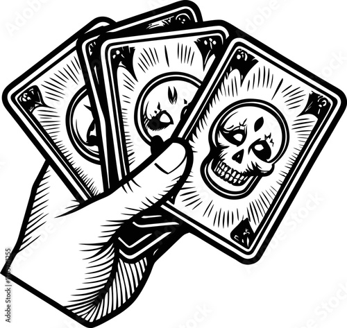 Hand holding four playing cards with skull ace design gambling, risk, luck, danger, game concept, black and white illustration