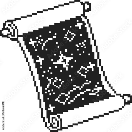 Pixel art magic scroll with celestial constellation, stars and cosmic patterns, fantasy mystical enchanted map illustration