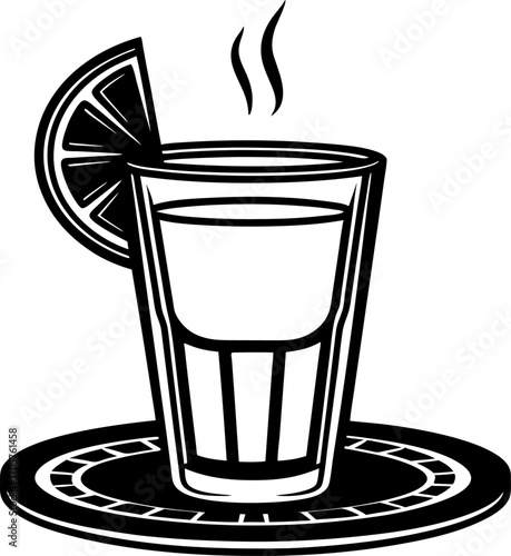 Hot beverage in glass with steam, lemon slice garnish, and plate refreshing tea or drink concept, black and white illustration