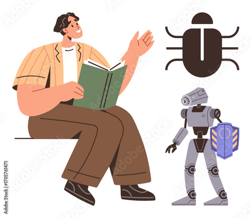Person holding book, robot with shield symbolizing cybersecurity, and bug graphic for coding. Ideal for technology, programming, AI, bugs, education security innovation. Simple flat metaphor