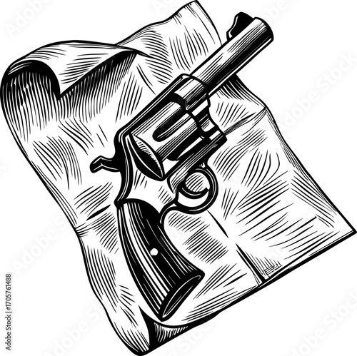 Vintage revolver resting on crumpled cloth detailed hand drawn firearm illustration, classic weapon, retro sketch art