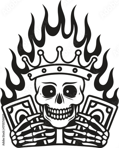 Flaming crowned skull holding money bills with bony hands edgy gothic art, skeleton king, grunge wealth and danger concept