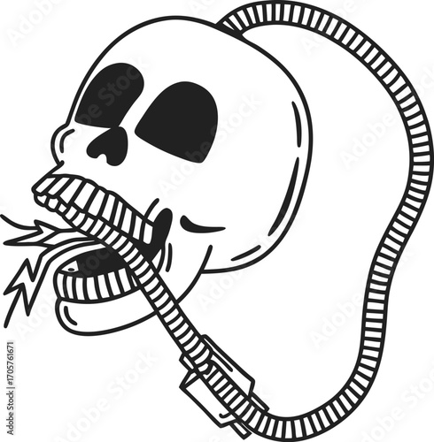 Human skull with unzipped mouth, zipper detail, abstract concept illustration depicting secret, silence, freedom of speech, truth