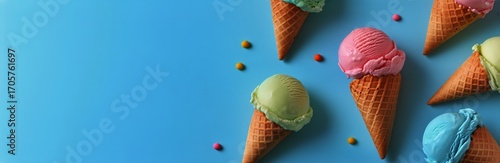 Colorful Ice Cream Cones Arranged on a Blue Background With Candy Pieces Scat...