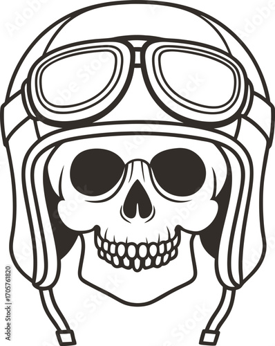 Vintage pilot skull in helmet and goggles retro biker head illustration, motorcycle club or aviation emblem art