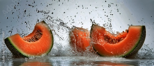 Juicy Cantaloupe Slices Splash in Refreshing Water Against a Gray Background.
