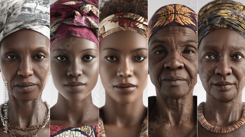 Set of photorealistic portraits of African women of different ages, from young to elderly, on plain background, generative ai illustration