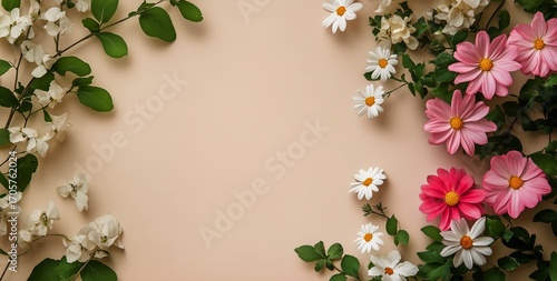 Colorful Flowers and Greenery Arranged Beautifully on a Light Background in a...