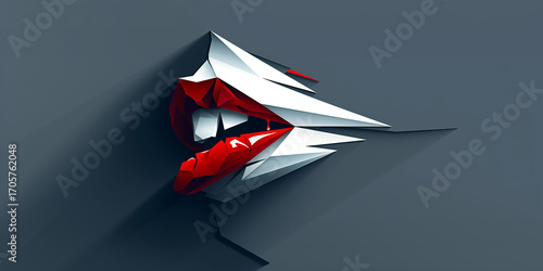 Abstract Red Lips with Fangs Emerging from Sharp Paper Cut on Grey Background – 3D Vampire Concept in Minimal Dark Style