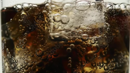 A close-up shot of a refreshing cola drink with ice cubes and bubbles rising to the surface.