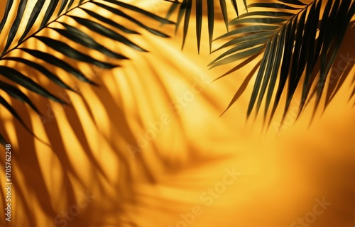 Vibrant Palm Leaves Casting Shadows Against a Bright Yellow Wall in Sunny Out...